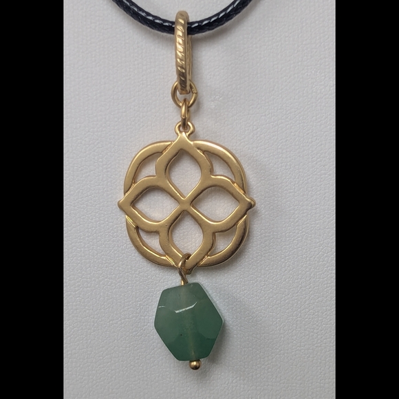 Aventurine Clover Pendant Necklace • Black Vegan Leather Cord Statement Necklace - Picture 4 of 6